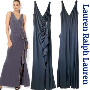 Lauren Ralph Lauren  v-neck dress gray waterfall ruffles slit evening dress SZ 6